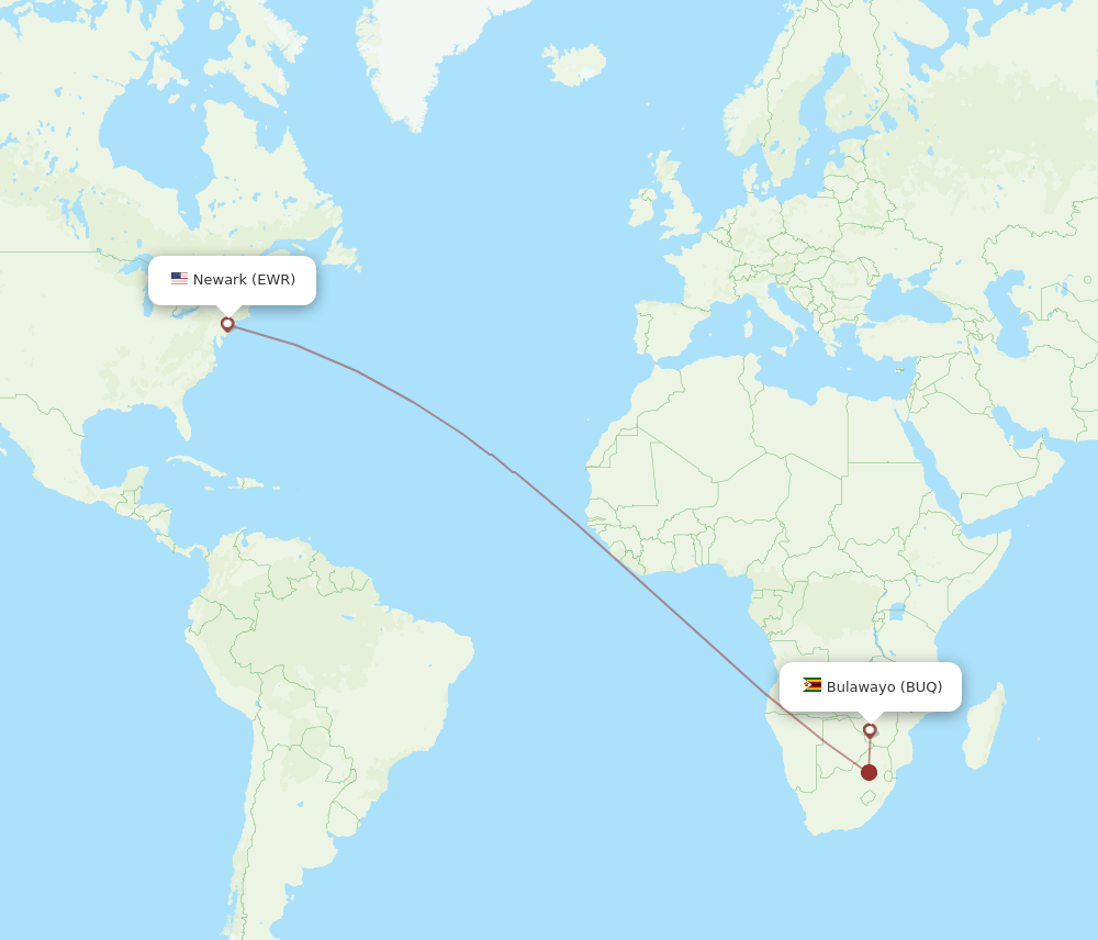 New York - Bulawayo route map and flight paths
