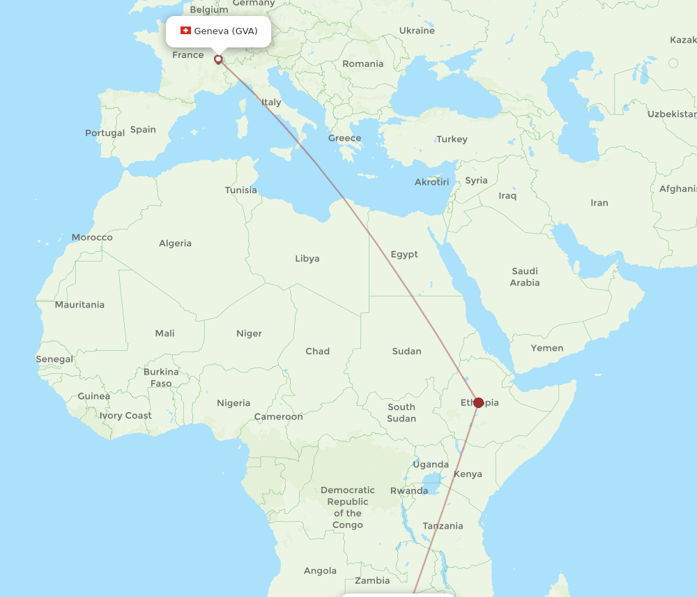 Geneva - Bulawayo route map and flight paths