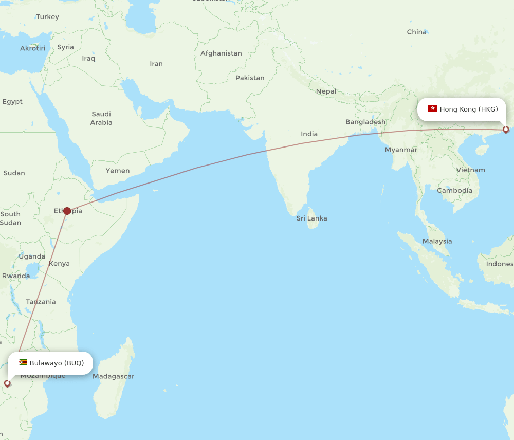 Hong Kong - Bulawayo route map and flight paths