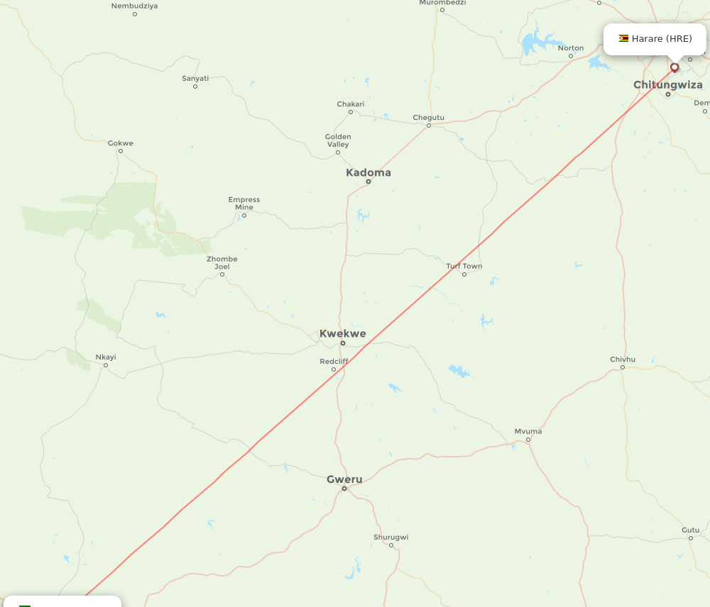 Bulawayo - Harare route map and flight paths