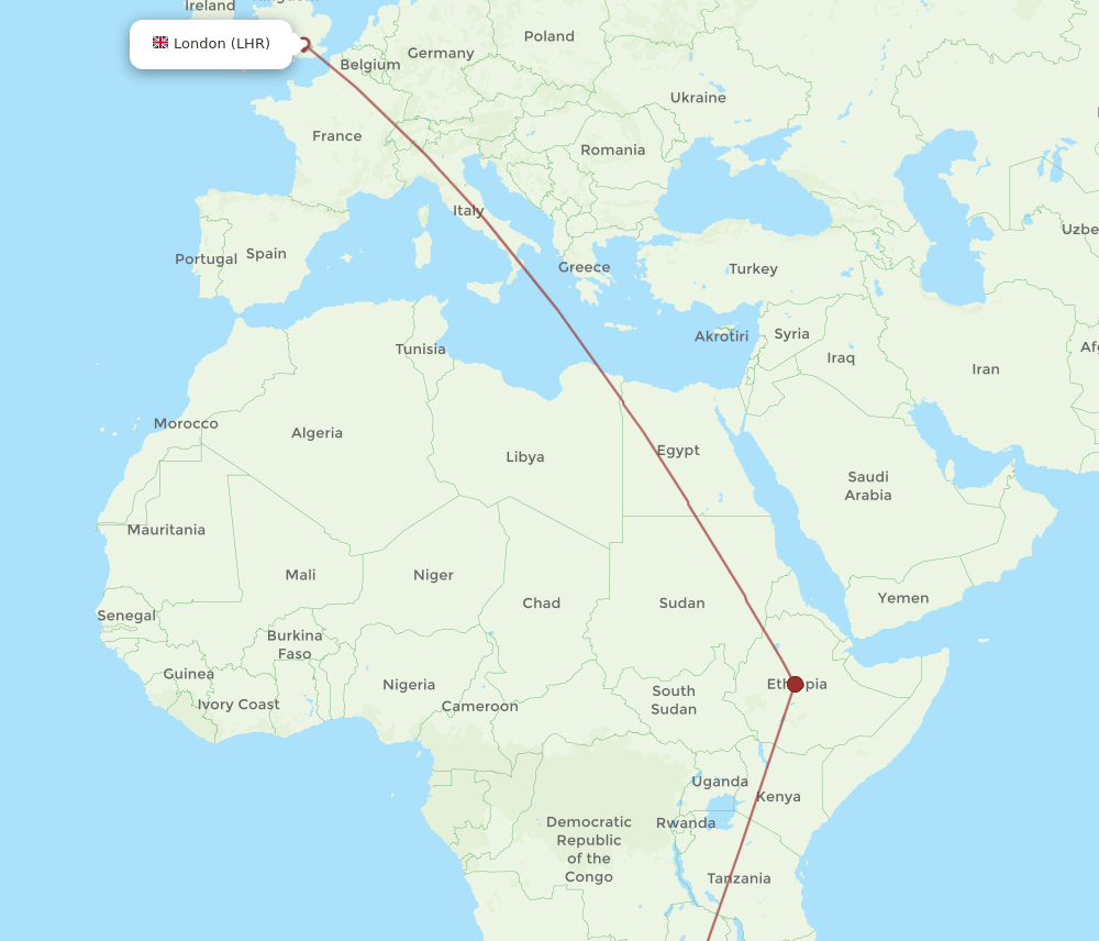 London - Bulawayo route map and flight paths