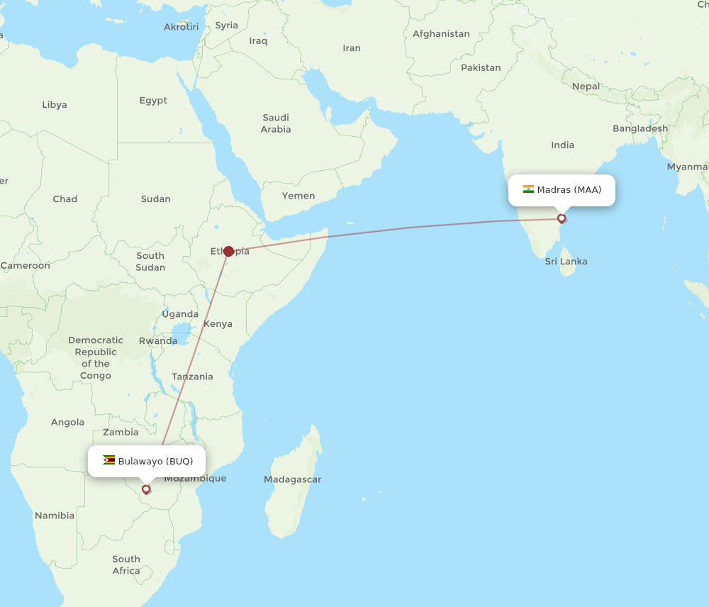 Chennai - Bulawayo route map and flight paths