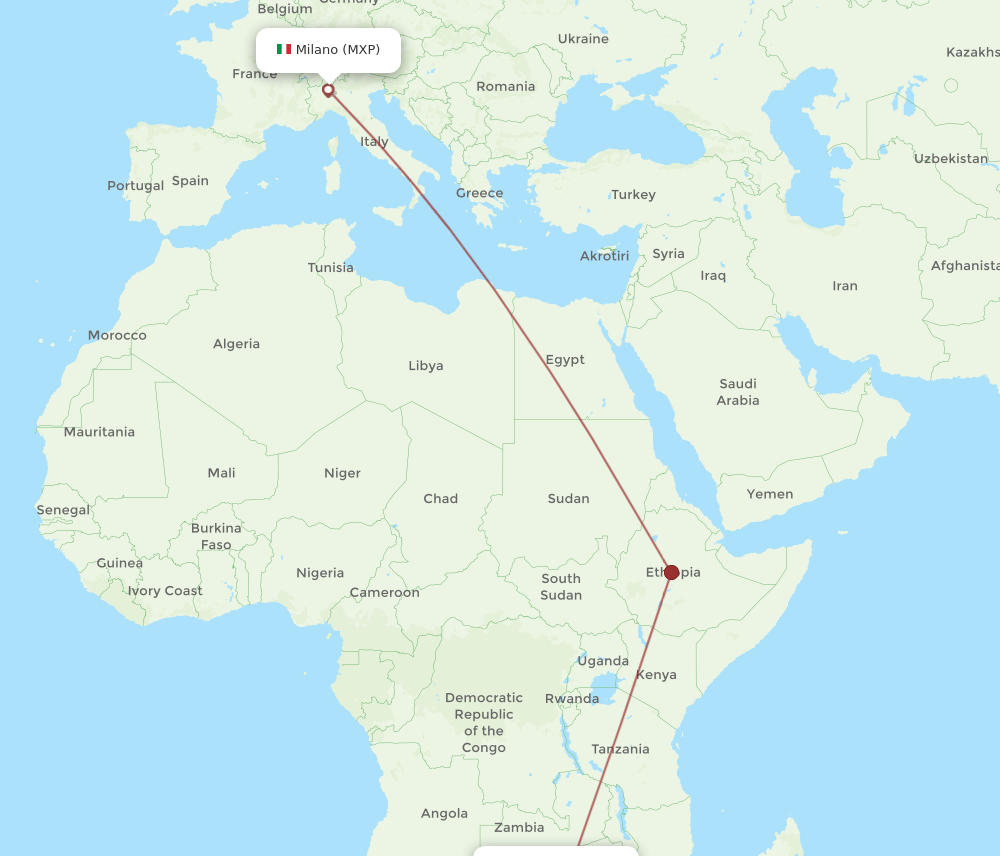 Milan - Bulawayo route map and flight paths