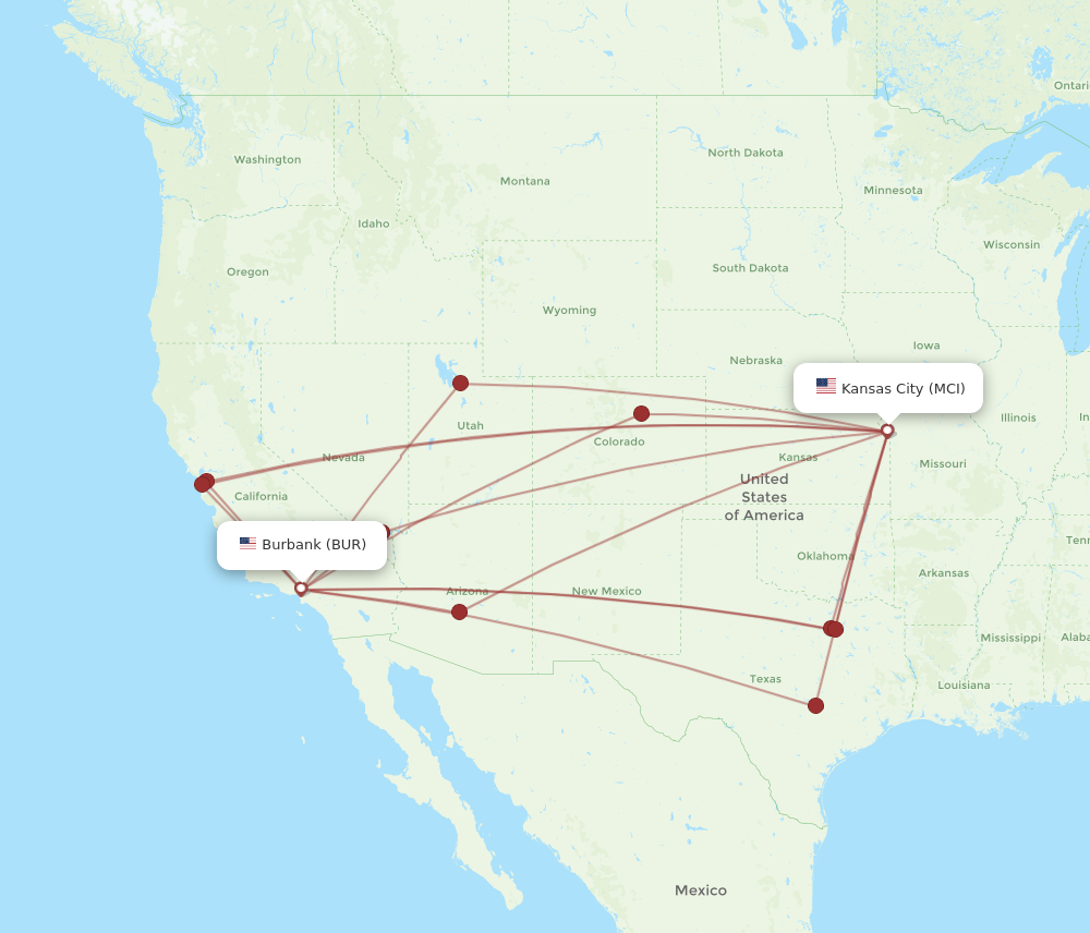 BUR to MCI flights and routes map
