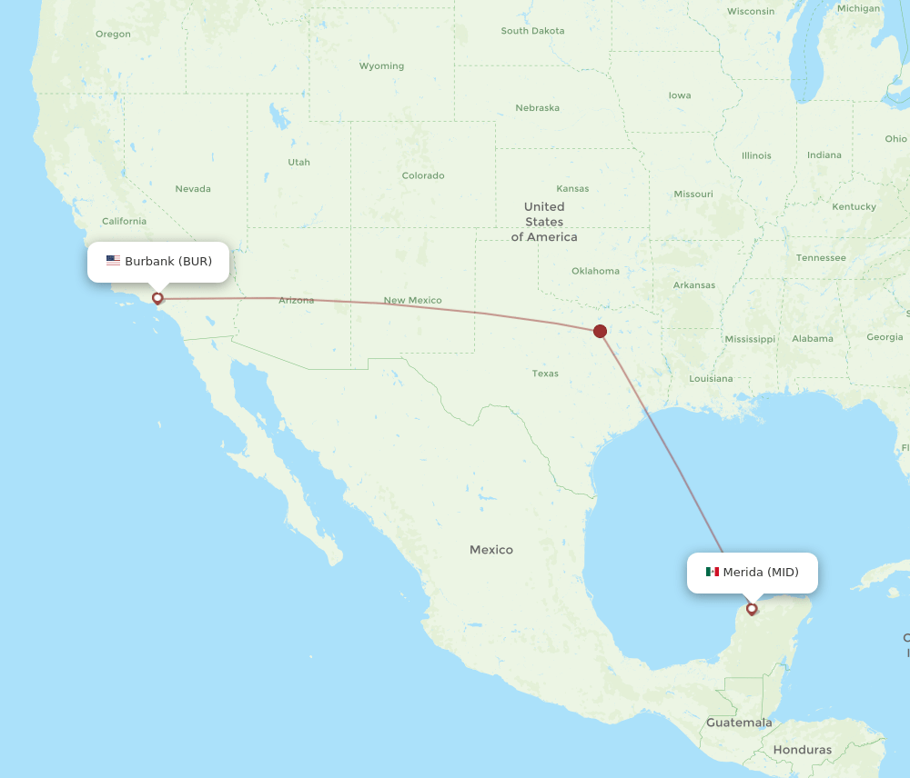 Merida - Burbank route map and flight paths