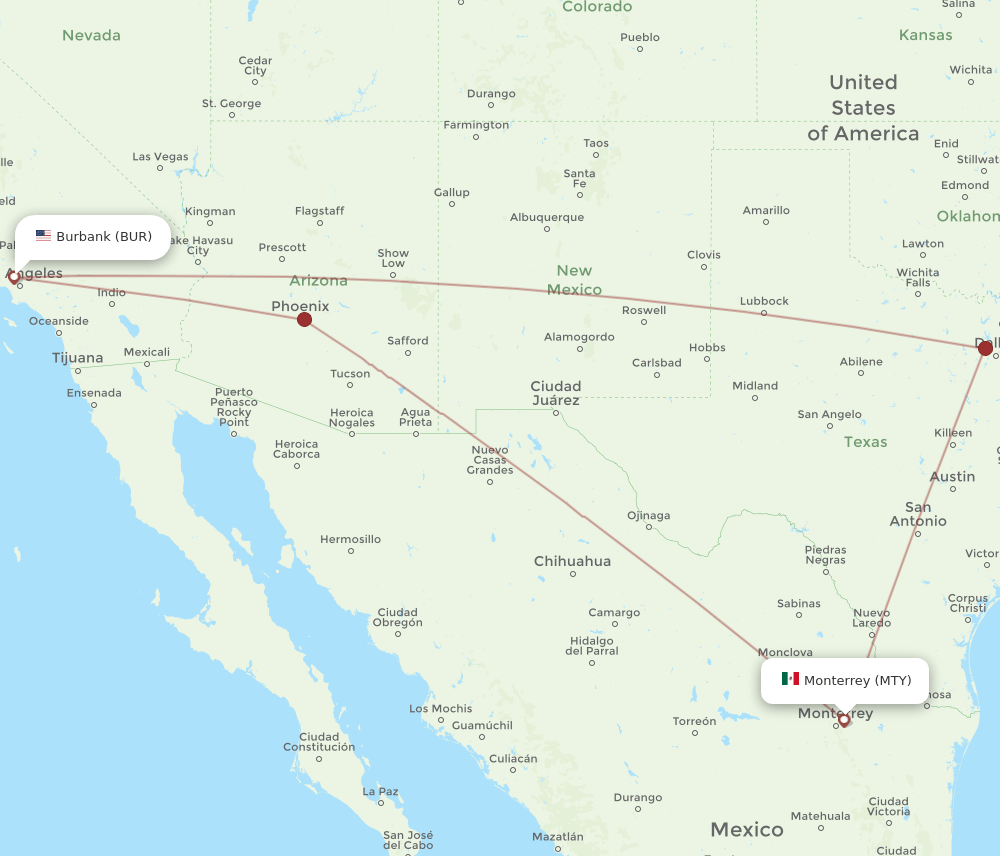 BUR-MTY flight routes