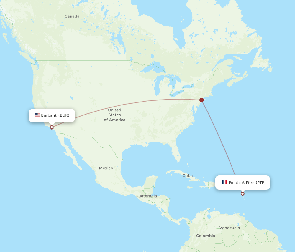Burbank - Pointe-a-Pitre route map and flight paths