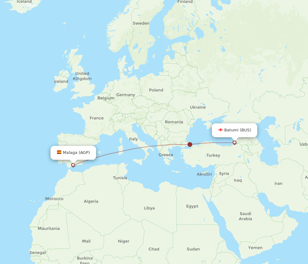 Malaga - Batumi route map and flight paths