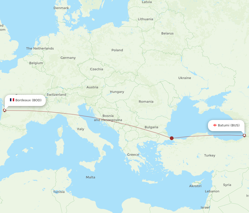Bordeaux - Batumi route map and flight paths