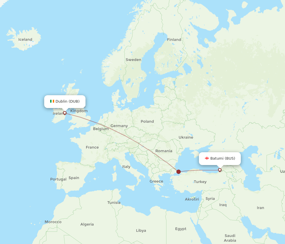 Dublin - Batumi route map and flight paths