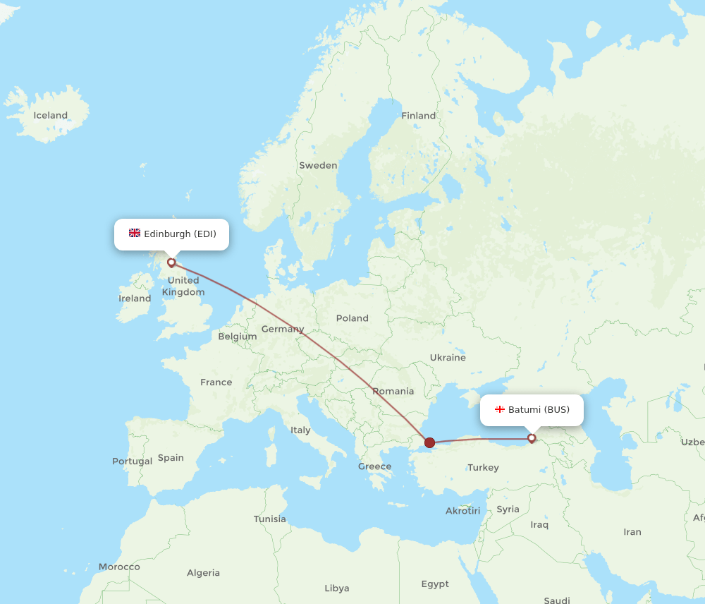 Edinburgh - Batumi route map and flight paths