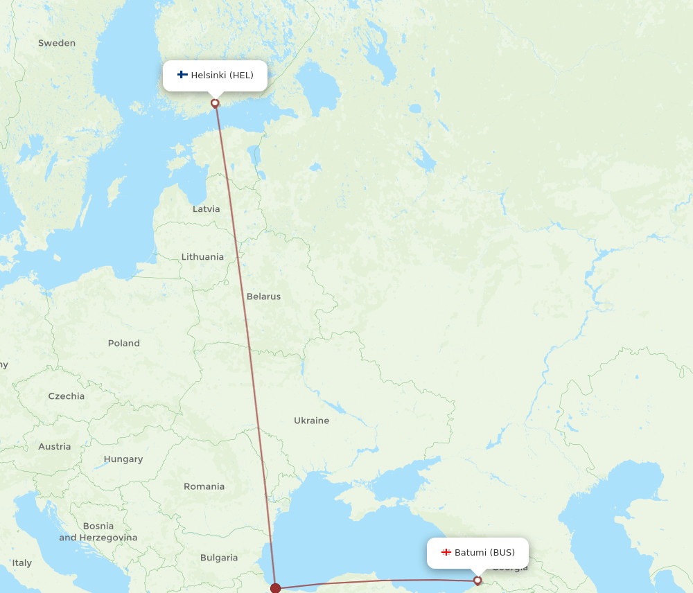 Helsinki - Batumi route map and flight paths