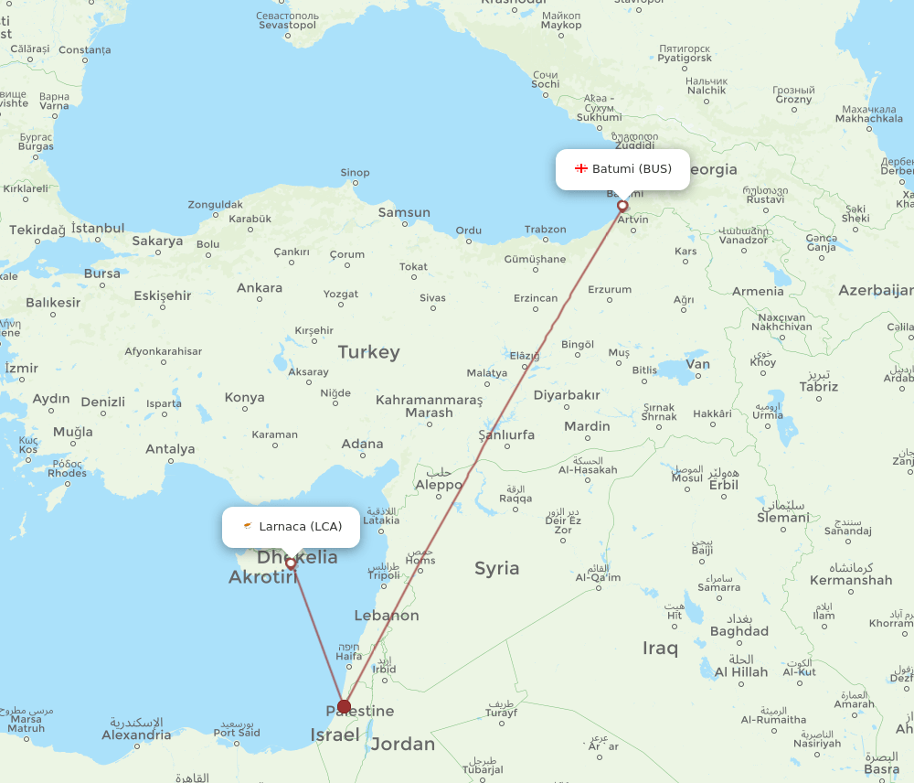 Larnaca - Batumi route map and flight paths