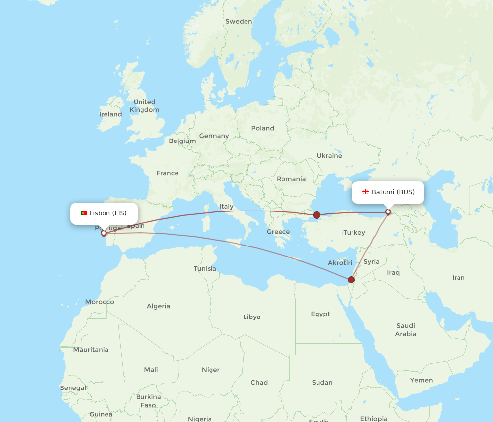 Lisbon - Batumi route map and flight paths