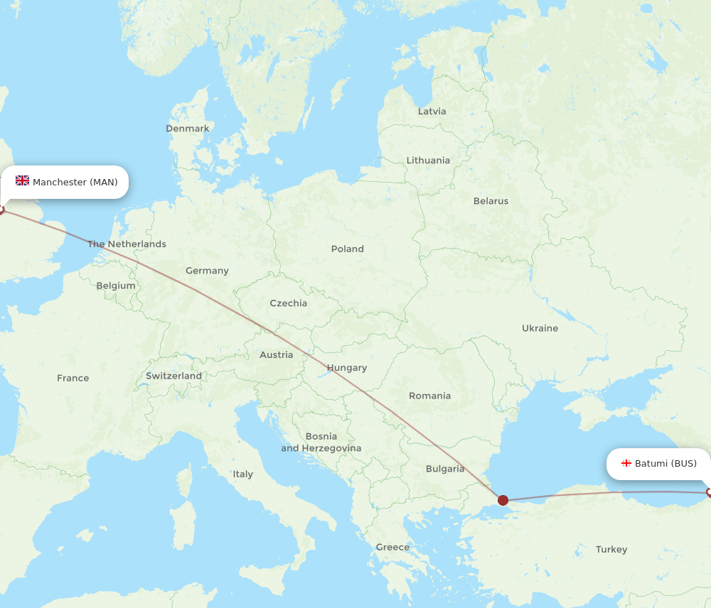 Manchester - Batumi route map and flight paths