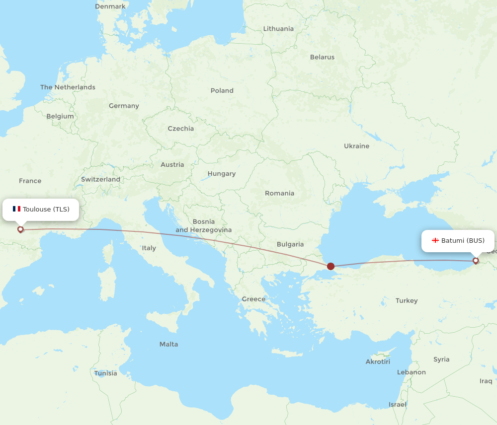Toulouse - Batumi route map and flight paths