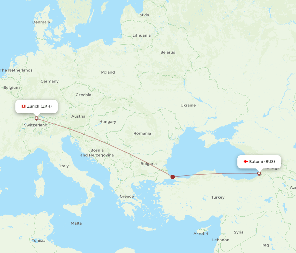 Zurich - Batumi route map and flight paths