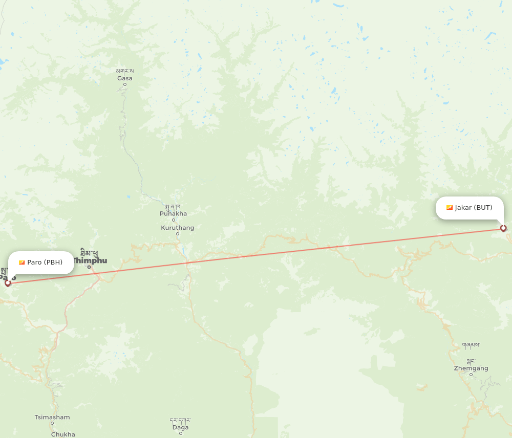 Jakar - Paro route map and flight paths