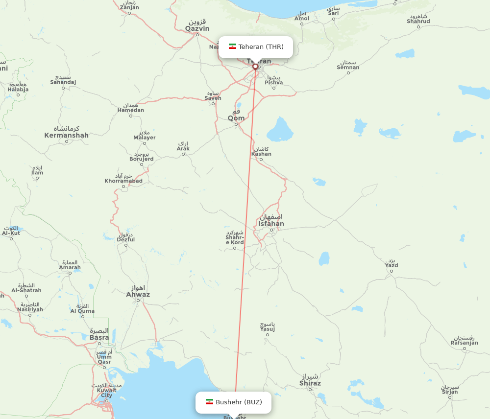 Bushehr - Tehran route map and flight paths