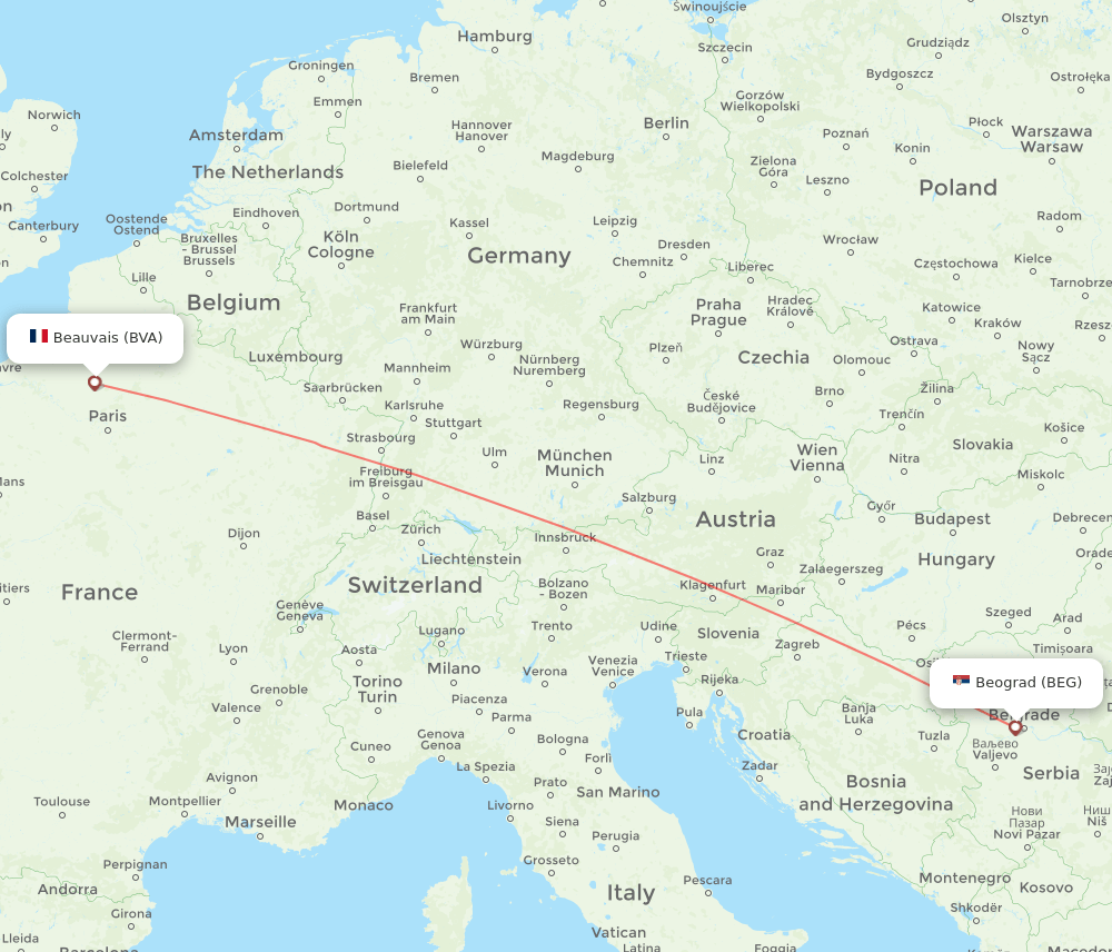 Paris - Belgrade route map and flight paths