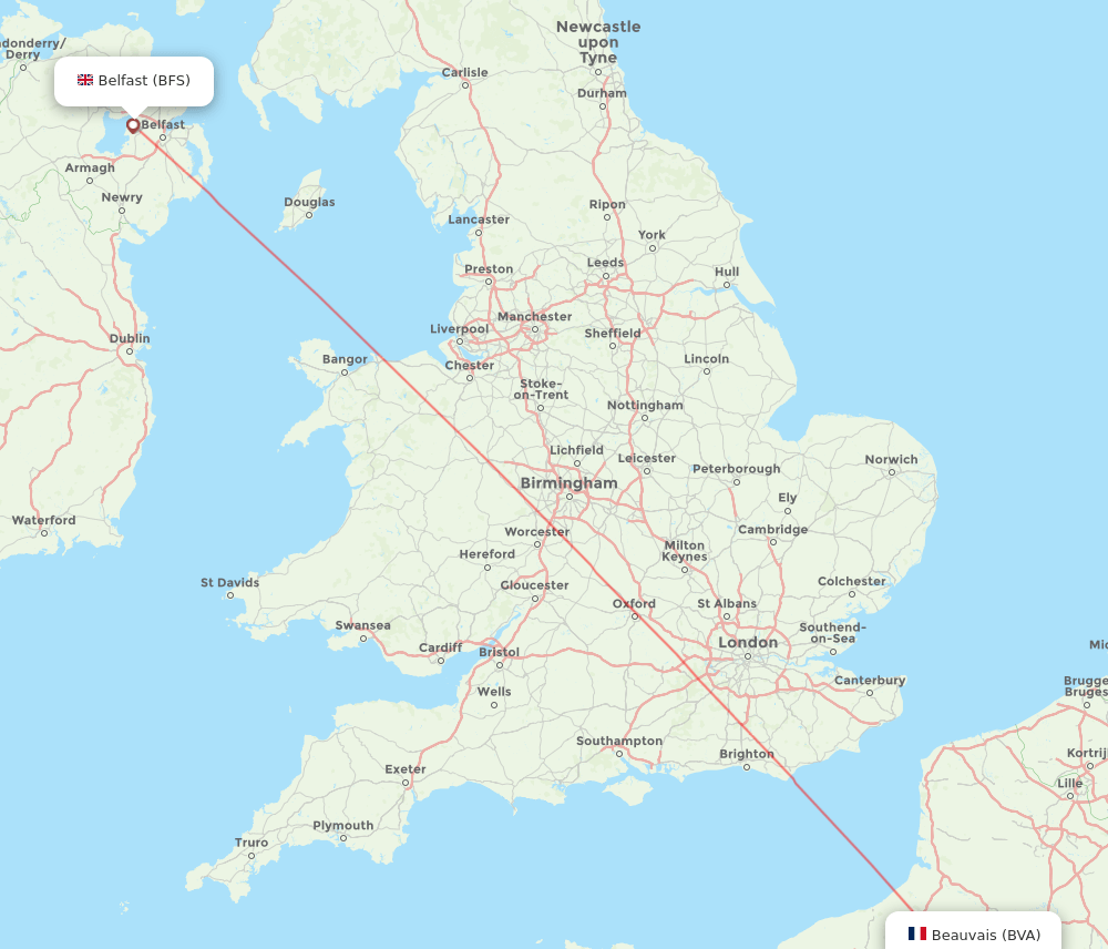 Paris - Belfast route map and flight paths