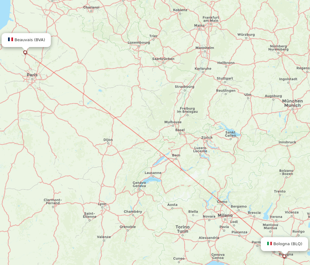 Paris - Bologna route map and flight paths