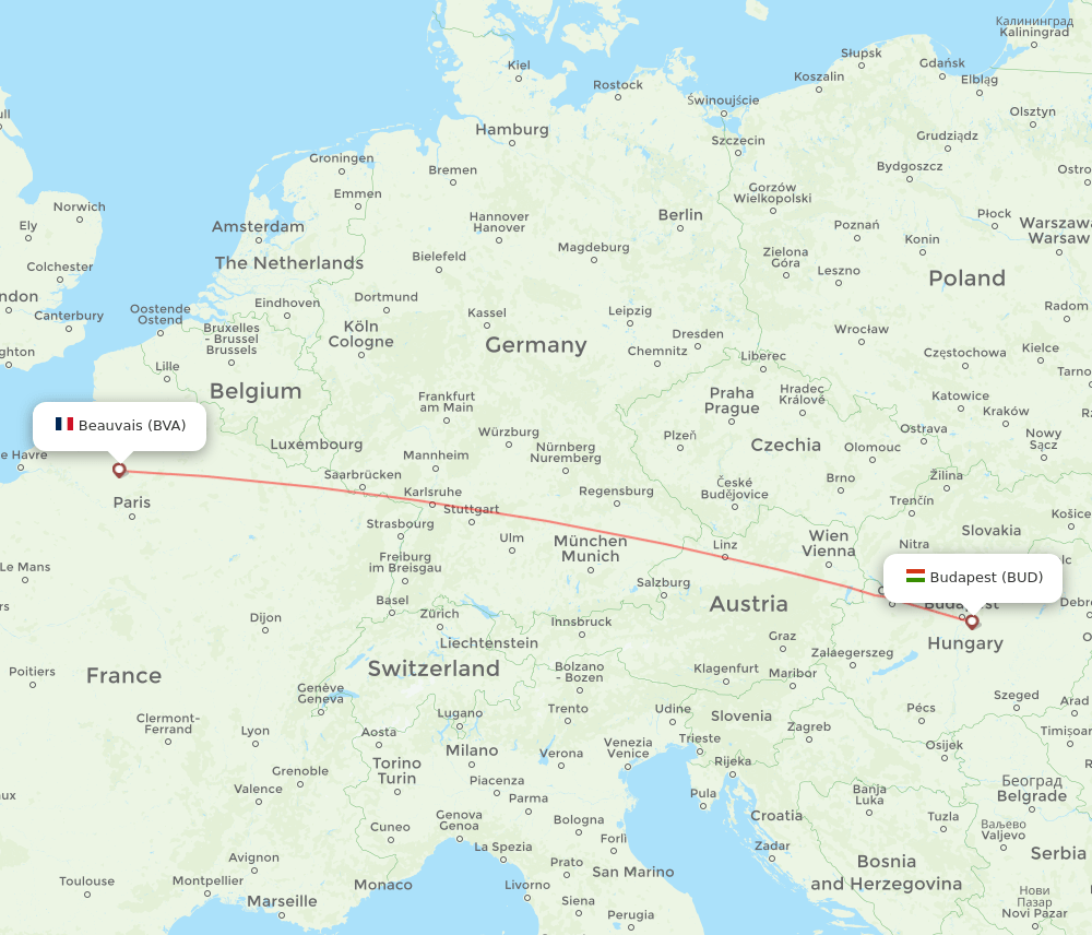 Paris - Budapest route map and flight paths