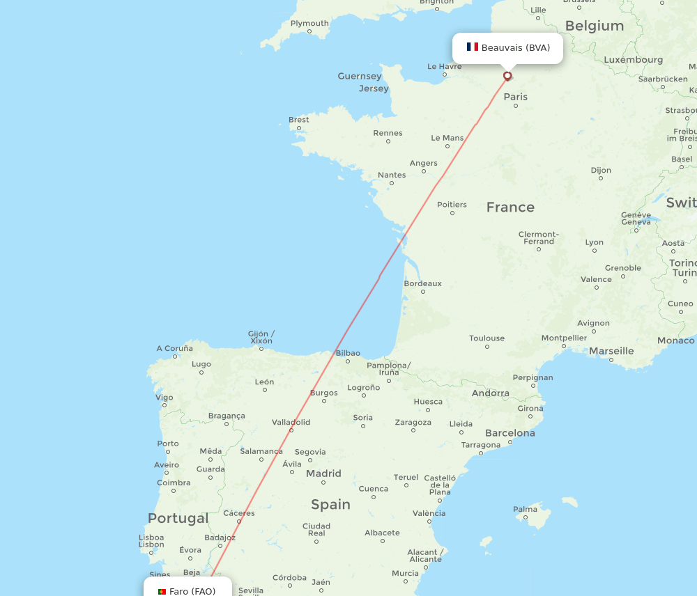 Paris - Faro route map and flight paths
