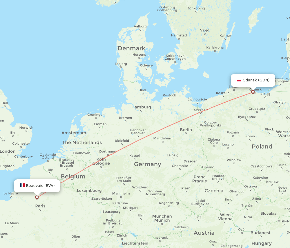 Paris - Gdansk route map and flight paths