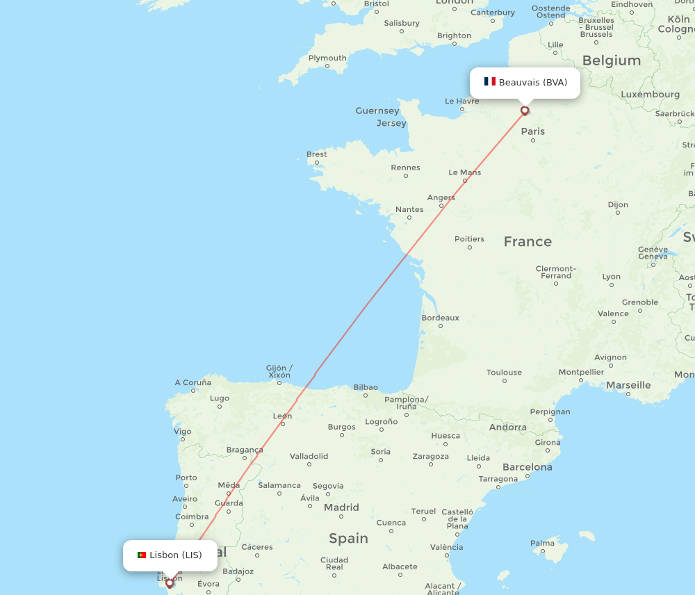 Paris - Lisbon route map and flight paths