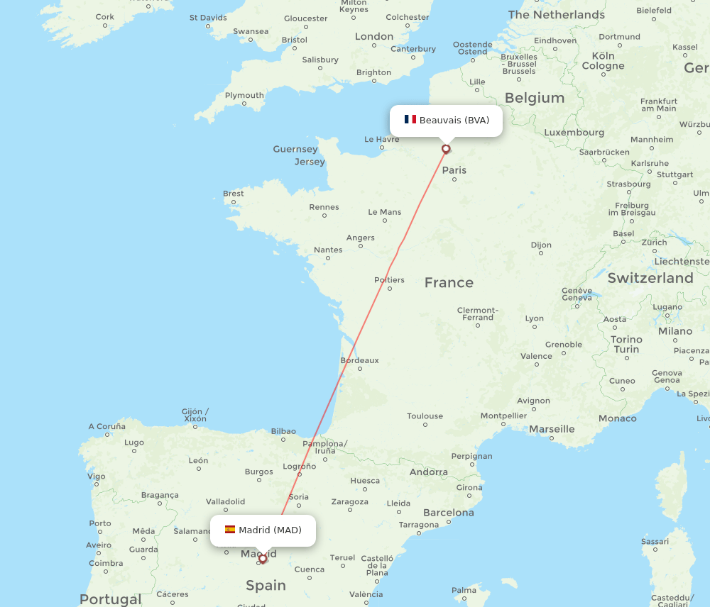 Paris - Madrid route map and flight paths