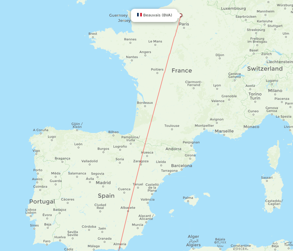 Paris - Nador route map and flight paths