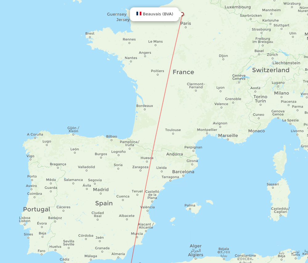 Paris - Oujda route map and flight paths