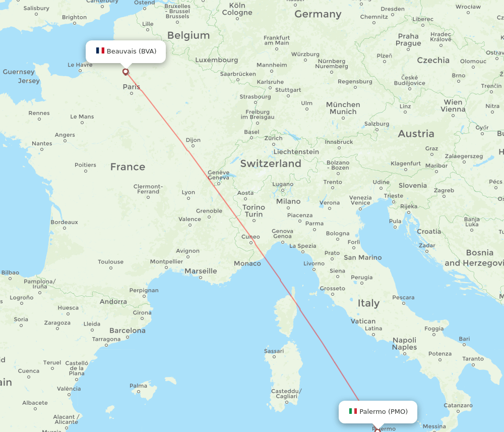 Paris - Palermo route map and flight paths