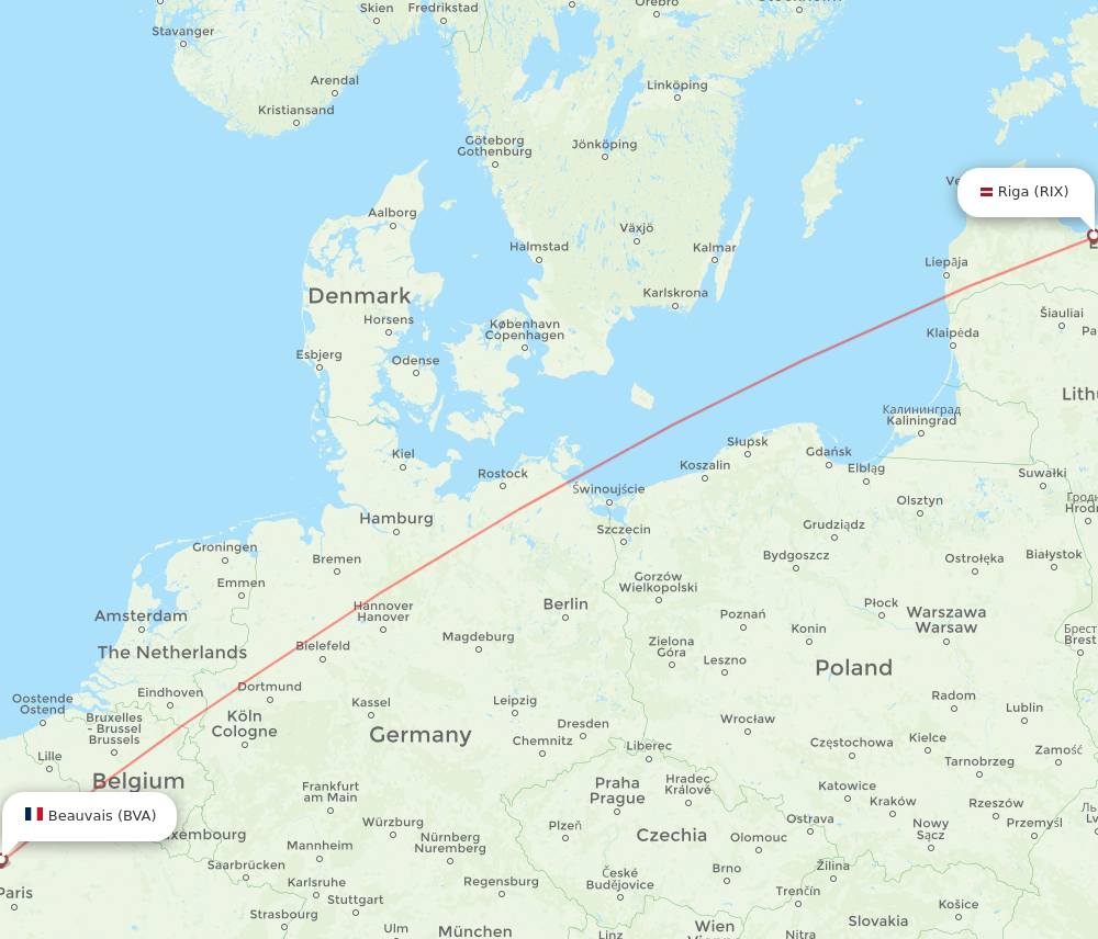 Paris - Riga route map and flight paths