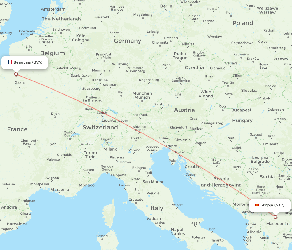 Paris - Skopje route map and flight paths