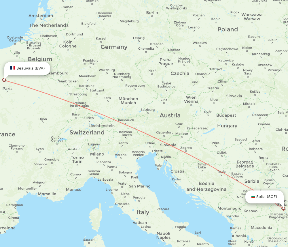 Paris - Sofia route map and flight paths