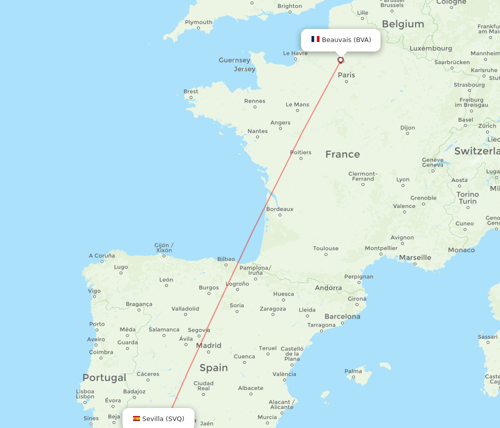 Paris - Sevilla route map and flight paths