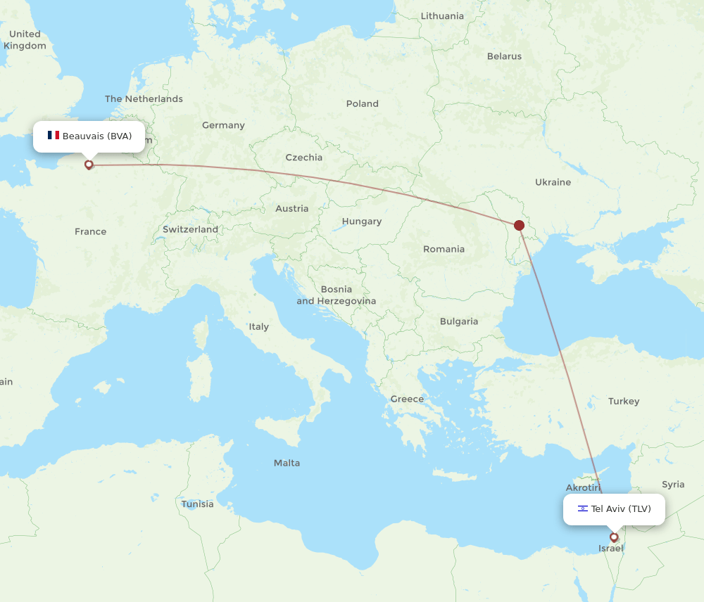 Paris - Tel Aviv-Yafo route map and flight paths