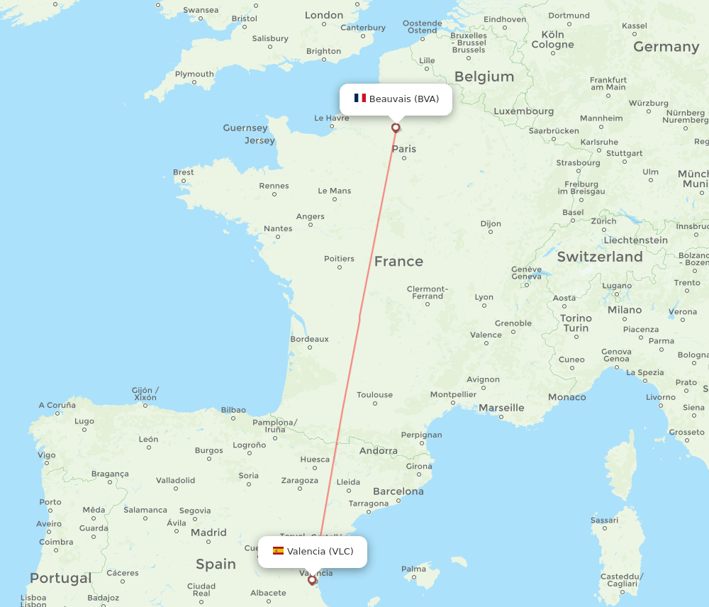 Paris - Valencia route map and flight paths