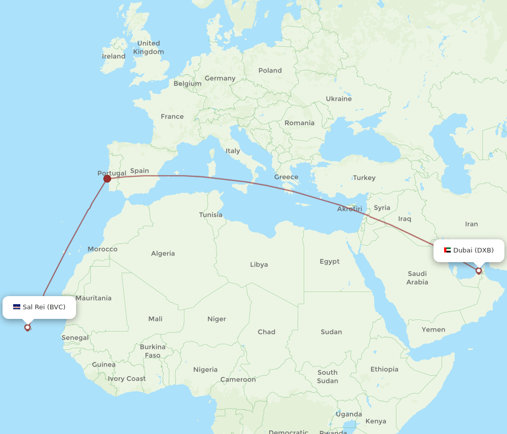 Dubai - Boa Vista route map and flight paths