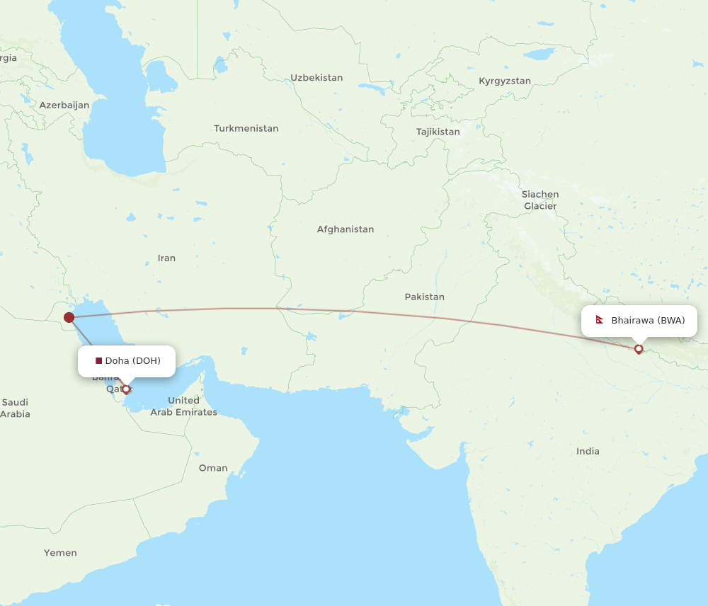 DOH to BWA flights and routes map