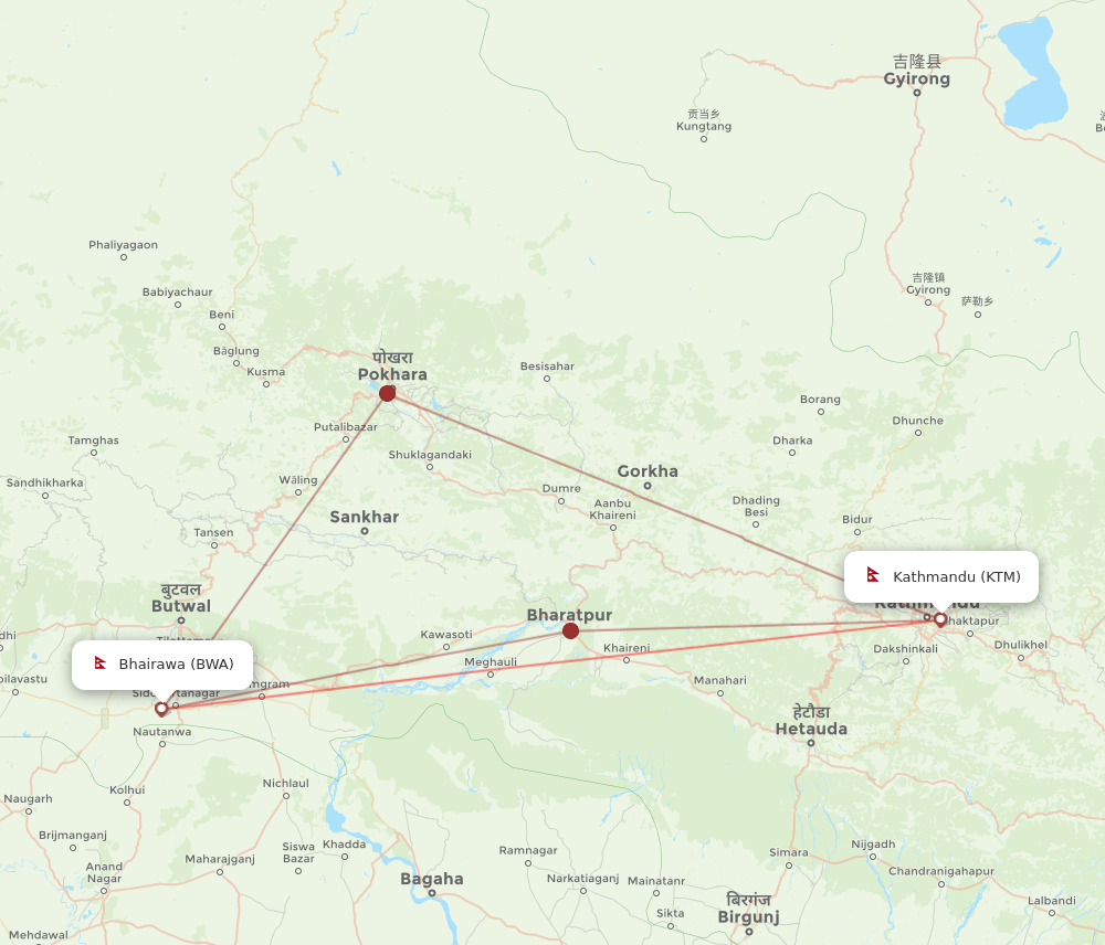 BWA to KTM flights and routes map