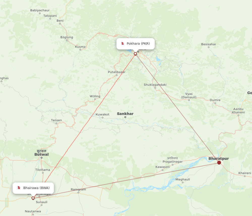 Bhairawa - Pokhara route map and flight paths