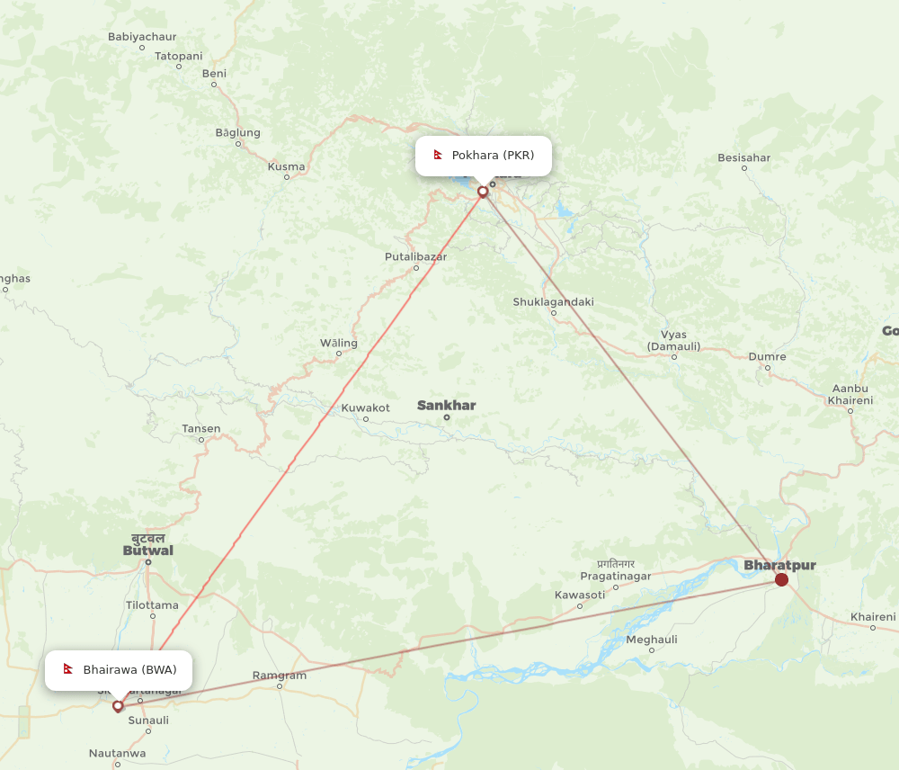 BWA to PKR flights and routes map