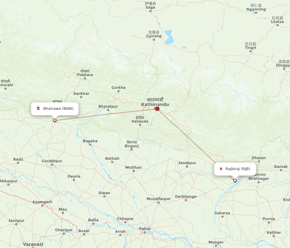 BWA to RJB flights and routes map