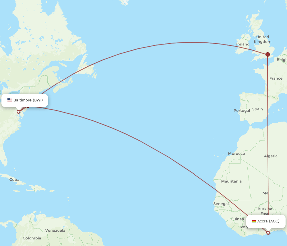 BWI to ACC flights and routes map