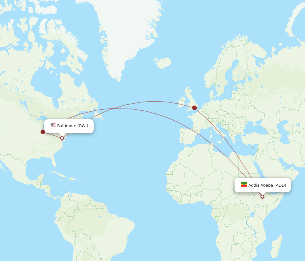 Addis Ababa - Baltimore route map and flight paths