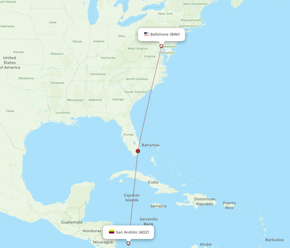 Baltimore - San Andres Island route map and flight paths
