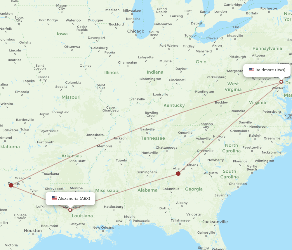 BWI-AEX flight routes